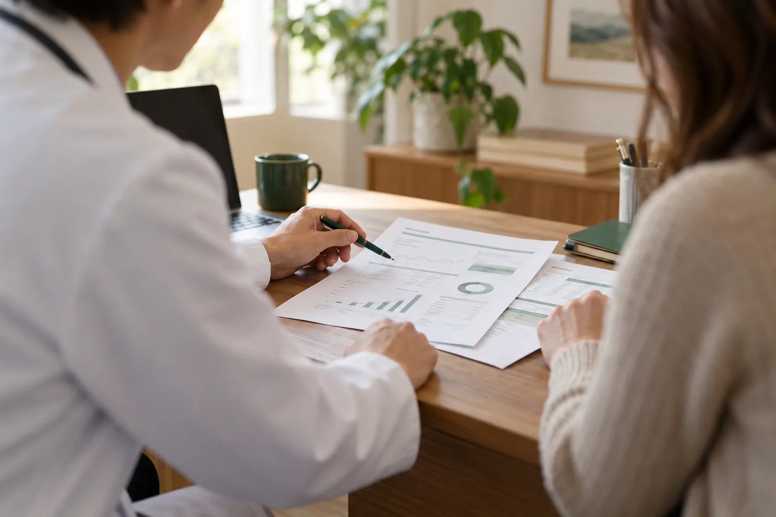 Médico revisando exames impressos com uma paciente à mesa.