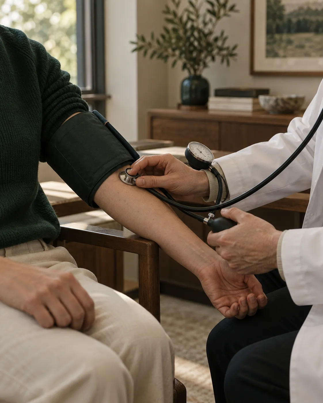 Médico aferindo a pressão arterial de um paciente no consultório.